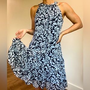 Covington Floral Navy & White Sleeveless Ruffle MIDI Dress - Size 12